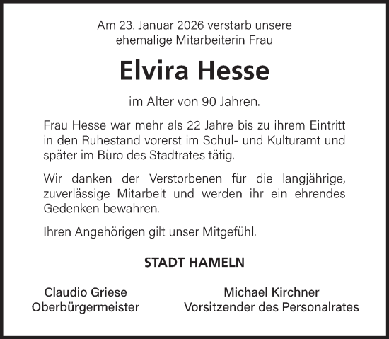 Traueranzeige von Elvira Hesse von Deister- und Weserzeitung