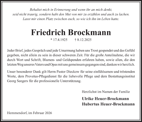 Traueranzeige von Friedrich Brockmann von Deister- und Weserzeitung