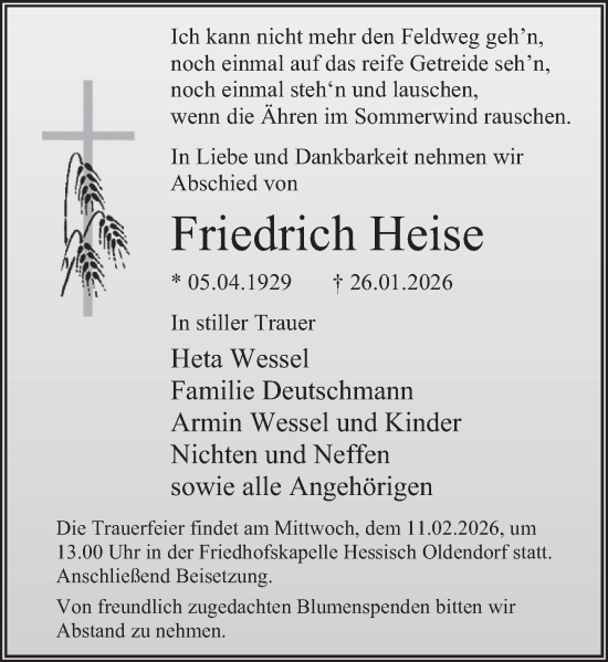 Traueranzeige von Friedrich Heise von Deister- und Weserzeitung