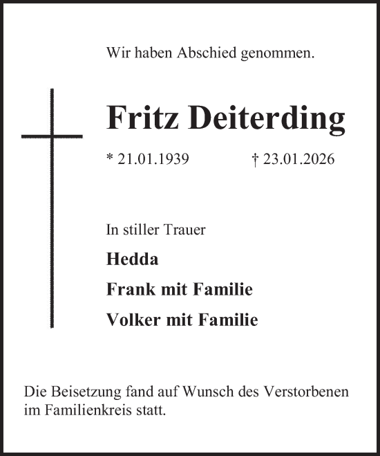 Traueranzeige von Fritz Deiterding von Deister- und Weserzeitung