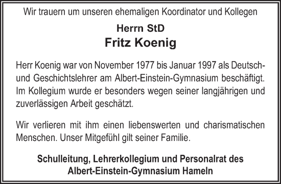 Traueranzeige von Fritz Koenig von Deister- und Weserzeitung