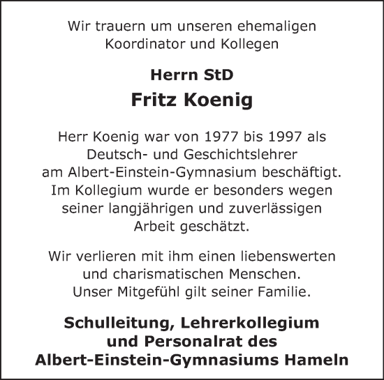 Traueranzeige von Fritz Koenig von Deister- und Weserzeitung