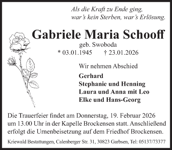 Traueranzeige von Gabriele Maria Schooff von Deister- und Weserzeitung