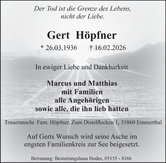 Traueranzeige von Gert Höpfner von Deister- und Weserzeitung