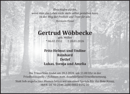 Traueranzeige von Gertrud Wöbbecke von Deister- und Weserzeitung