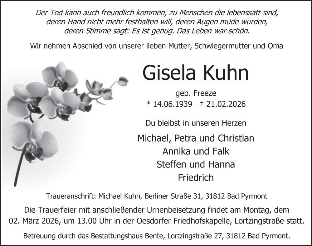  Traueranzeige für Gisela Kuhn vom 28.02.2026 aus Deister- und Weserzeitung