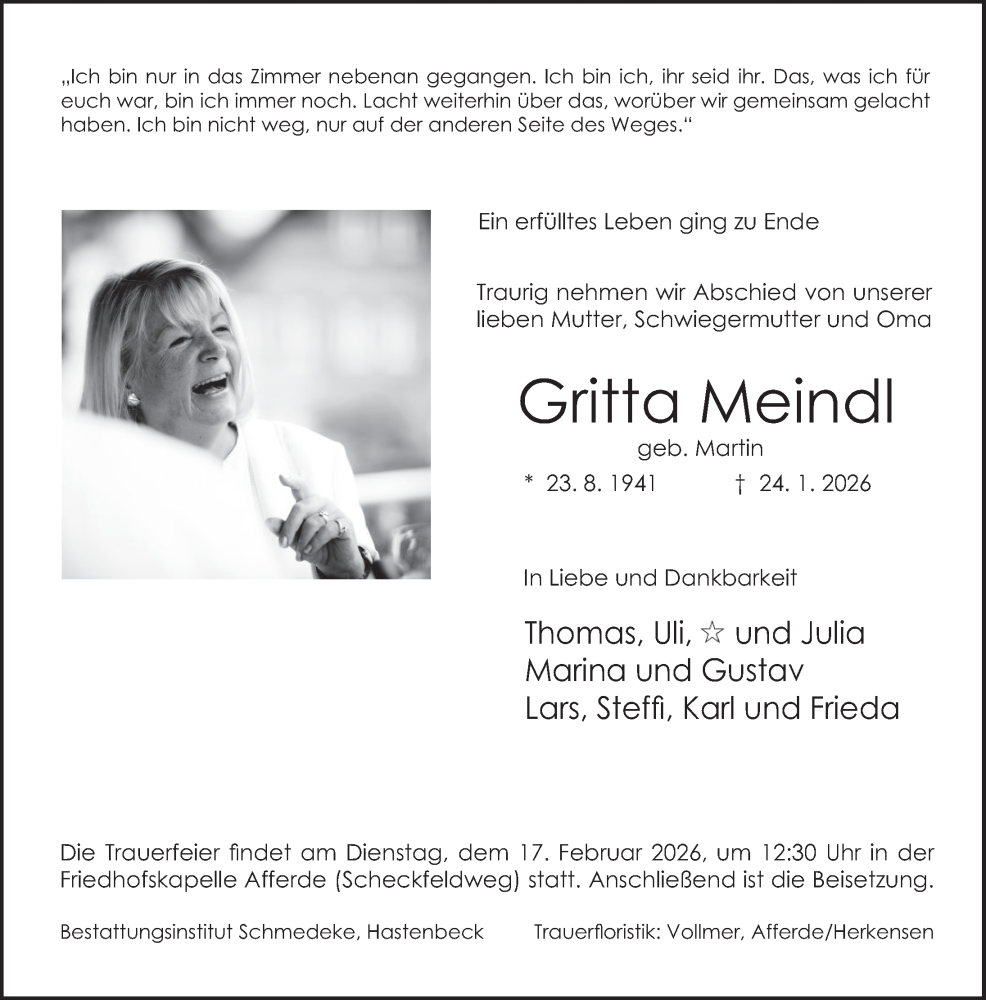  Traueranzeige für Gritta Meindl vom 07.02.2026 aus Deister- und Weserzeitung