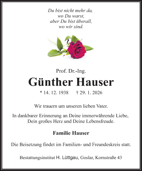Traueranzeige von Günther Hauser von Deister- und Weserzeitung