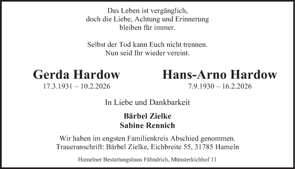  Traueranzeige für Hans-Arno Hardow vom 21.02.2026 aus Deister- und Weserzeitung