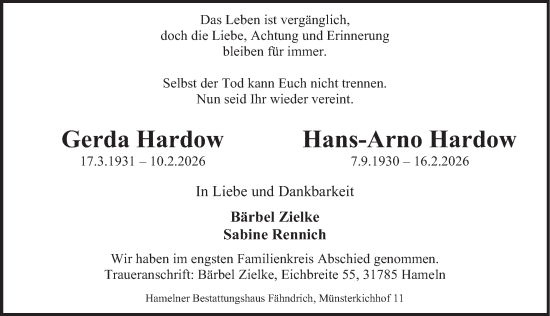 Traueranzeige von Hans-Arno Hardow von Deister- und Weserzeitung