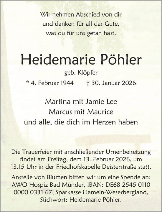 Traueranzeige von Heidemarie Pöhler von Deister- und Weserzeitung