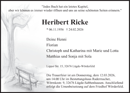 Traueranzeige von Heribert Ricke von Deister- und Weserzeitung