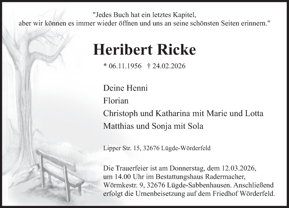  Traueranzeige für Heribert Ricke vom 28.02.2026 aus Deister- und Weserzeitung