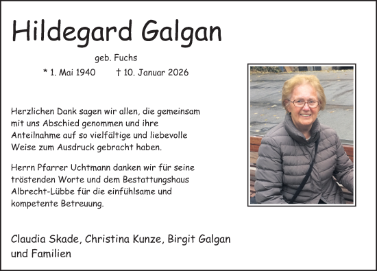 Traueranzeige von Hildegard Galgan von Deister- und Weserzeitung