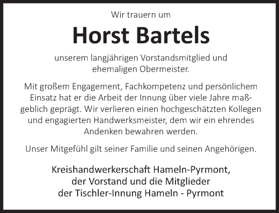 Traueranzeige von Horst Bartels von Deister- und Weserzeitung
