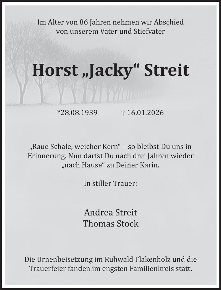 Traueranzeige für Horst Streit vom 18.02.2026 aus Deister- und Weserzeitung