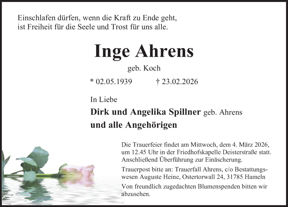  Traueranzeige für Inge Ahrens vom 28.02.2026 aus Deister- und Weserzeitung