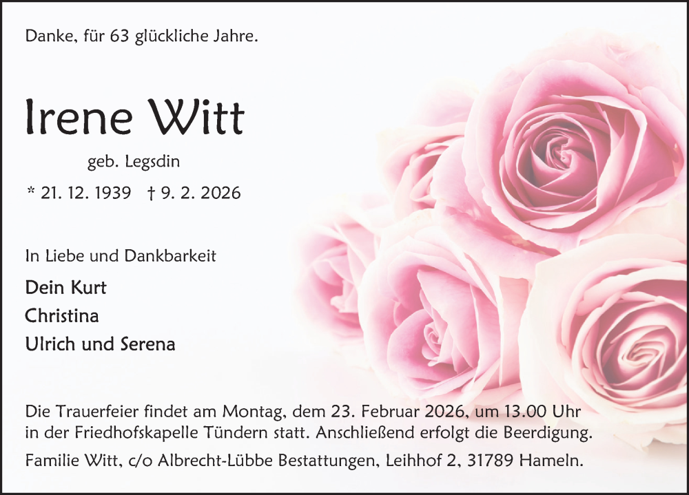  Traueranzeige für Irene Witt vom 14.02.2026 aus Deister- und Weserzeitung