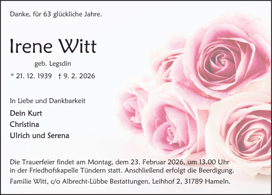 Traueranzeige von Irene Witt von Deister- und Weserzeitung