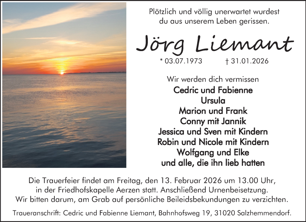  Traueranzeige für Jörg Liemant vom 07.02.2026 aus Deister- und Weserzeitung