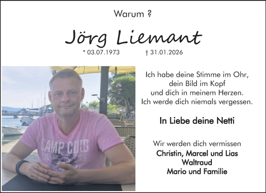 Traueranzeige von Jörg Liemant von Deister- und Weserzeitung