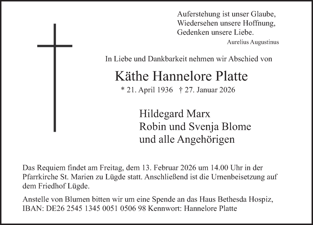  Traueranzeige für Käthe Hannelore Platte vom 07.02.2026 aus Deister- und Weserzeitung
