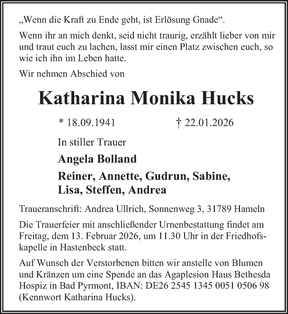  Traueranzeige für Katharina Monika Hucks vom 07.02.2026 aus Deister- und Weserzeitung