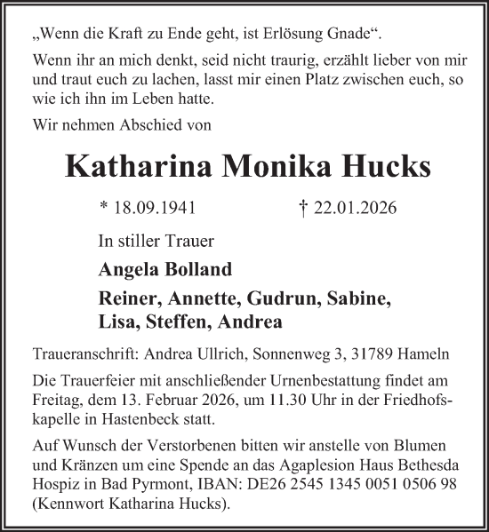 Traueranzeige von Katharina Monika Hucks von Deister- und Weserzeitung