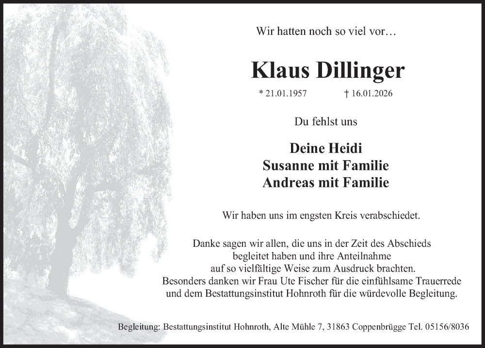  Traueranzeige für Klaus Dillinger vom 07.02.2026 aus Deister- und Weserzeitung