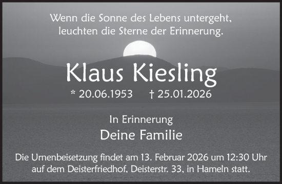 Traueranzeige von Klaus Kiesling von Deister- und Weserzeitung