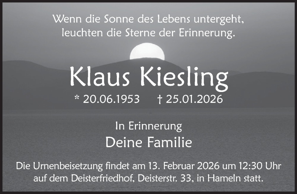  Traueranzeige für Klaus Kiesling vom 07.02.2026 aus Deister- und Weserzeitung