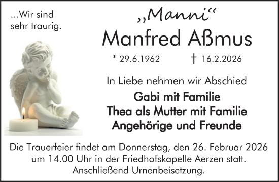 Traueranzeige von Manfred Aßmus von Deister- und Weserzeitung