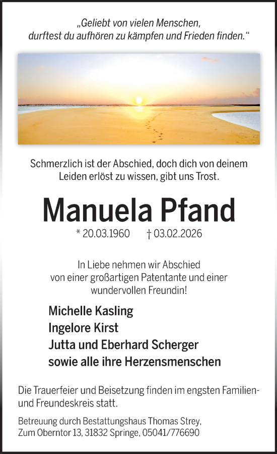 Traueranzeige von Manuela Pfand von Neue Deister-Zeitung