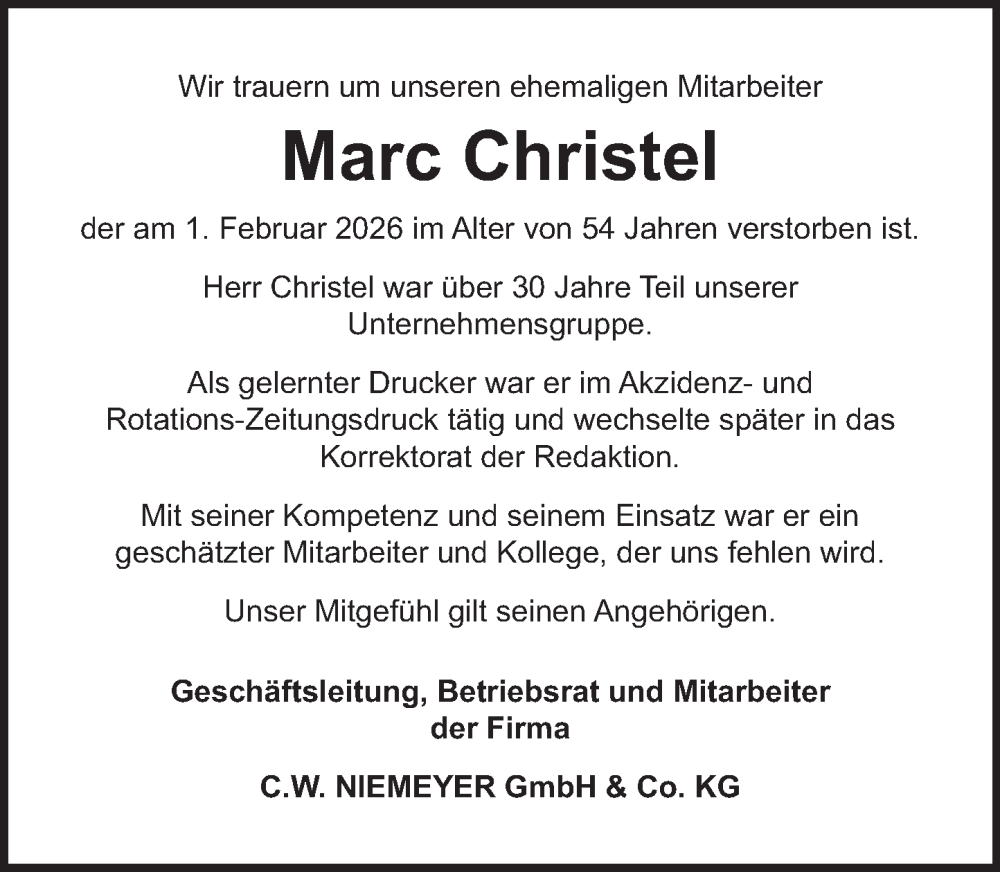  Traueranzeige für Marc Christel vom 07.02.2026 aus Deister- und Weserzeitung