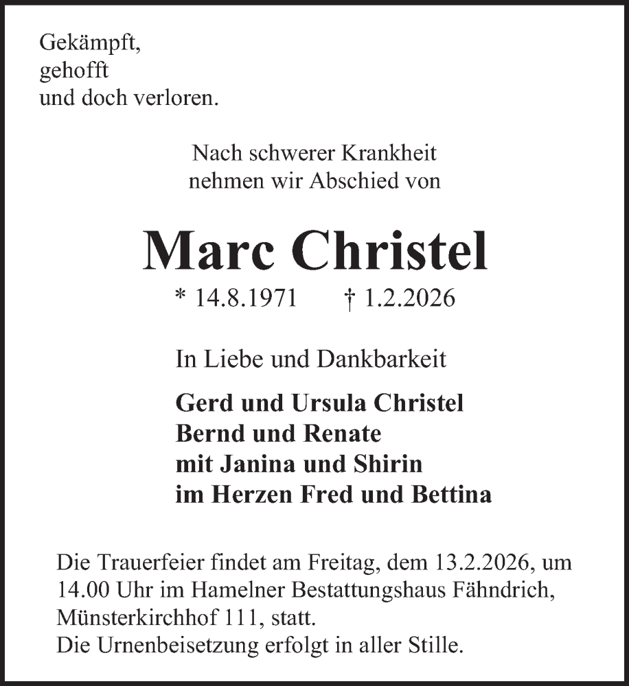  Traueranzeige für Marc Christel vom 07.02.2026 aus Deister- und Weserzeitung
