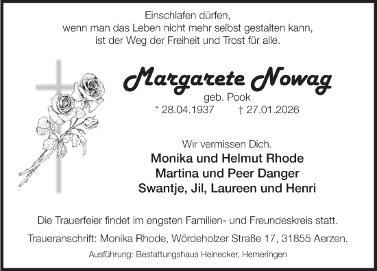 Traueranzeige von Margarete Nowag von Deister- und Weserzeitung