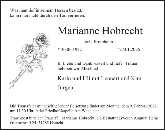 Traueranzeige von Marianne Hobrecht von Deister- und Weserzeitung