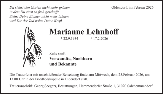 Traueranzeige von Marianne Lehnhoff von Deister- und Weserzeitung