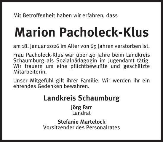 Traueranzeige von Marion Pacholeck-Klus von Deister- und Weserzeitung