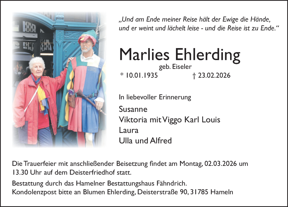  Traueranzeige für Marlies Ehlerding vom 28.02.2026 aus Deister- und Weserzeitung