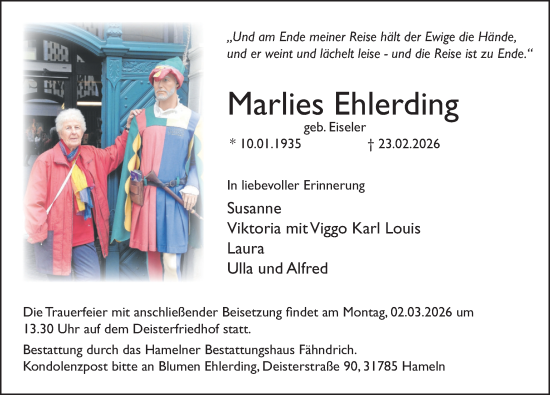 Traueranzeige von Marlies Ehlerding von Deister- und Weserzeitung