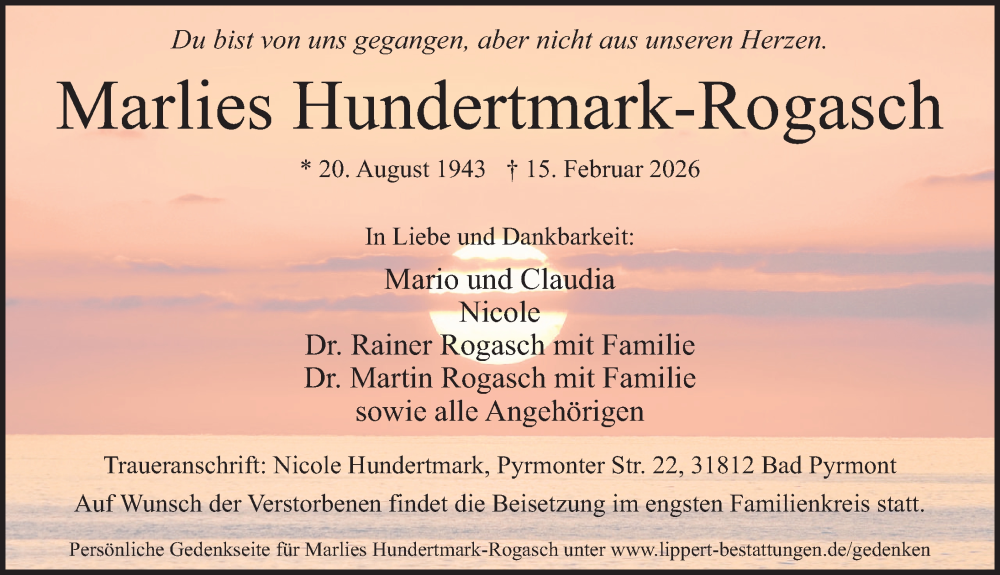 Traueranzeige für Marlies Hundertmark-Rogasch vom 21.02.2026 aus Deister- und Weserzeitung