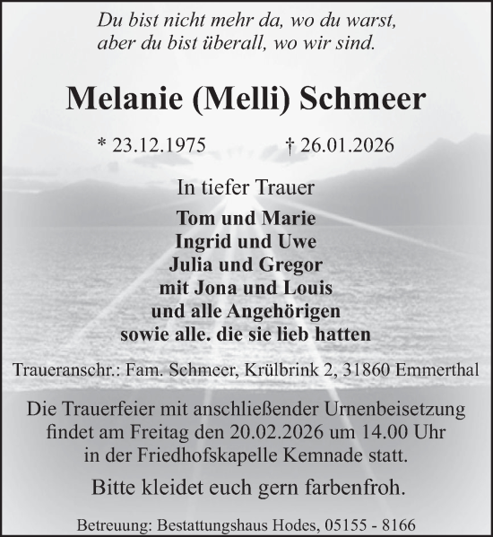 Traueranzeige von Melanie Schmeer von Deister- und Weserzeitung
