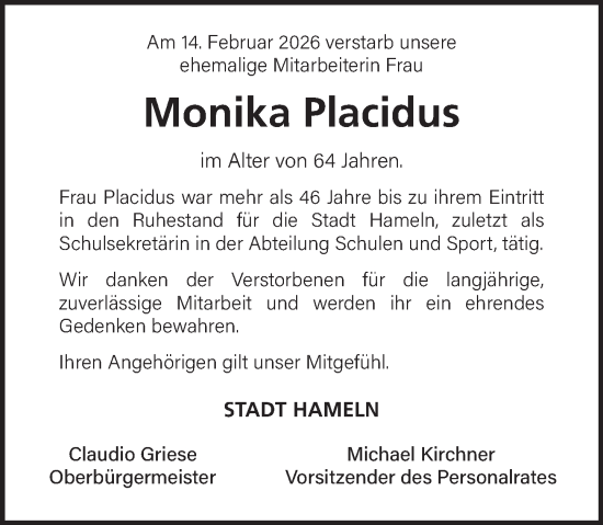 Traueranzeige von Monika Placidus von Deister- und Weserzeitung