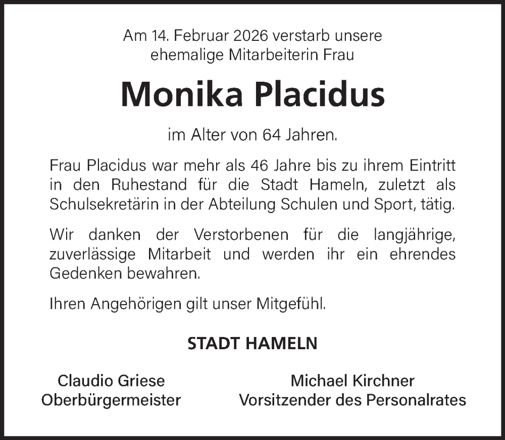  Traueranzeige für Monika Placidus vom 19.02.2026 aus Deister- und Weserzeitung