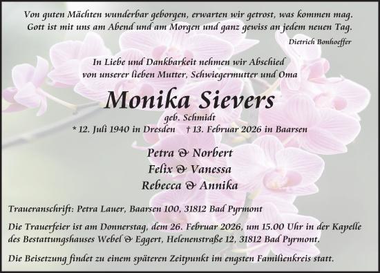 Traueranzeige von Monika Sievers von Deister- und Weserzeitung