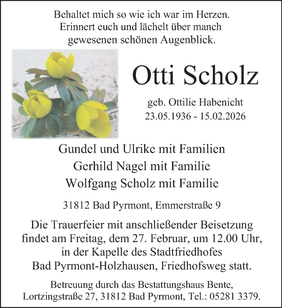  Traueranzeige für Ottilie Scholz vom 21.02.2026 aus Deister- und Weserzeitung