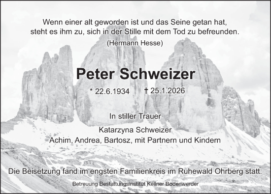 Traueranzeige von Peter Schweizer von Deister- und Weserzeitung
