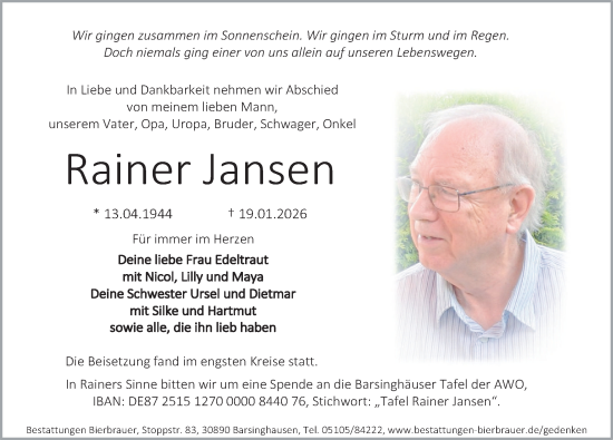 Traueranzeige von Rainer Jansen von Neue Deister-Zeitung
