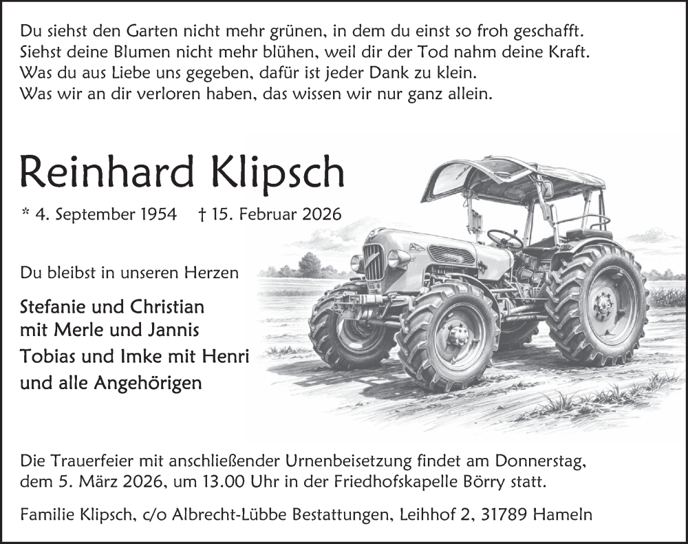  Traueranzeige für Reinhard Klipsch vom 21.02.2026 aus Deister- und Weserzeitung